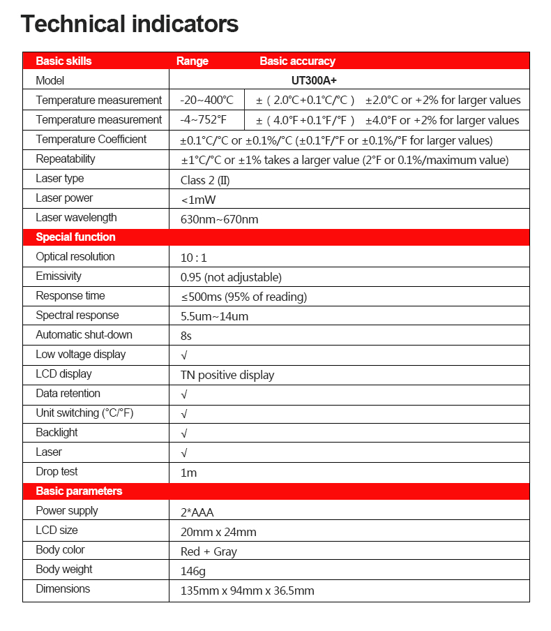 UNI-T Uni-trend Industrial Thermometer UT300A+ Laser Infrared Thermometer Handheld Termometro Digital Industrial Non Contact Laser Temperature Meter Gun(UT300A+)