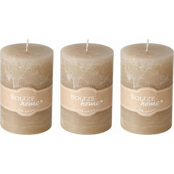 3 Piece Pale Beige Pillar Candle Set, 4 Inches Tall, 45 Hours Burn Time, Unscented, Marbled Surface
