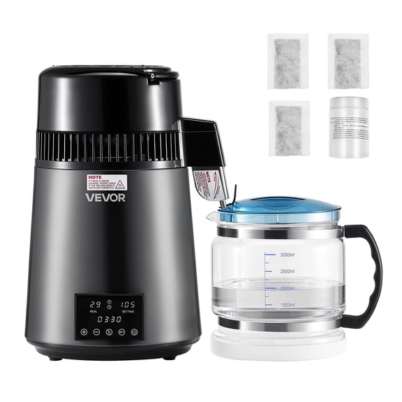 VEVOR Water Distiller, 4L 1.1 Gallon Pure Water Purifier Filter For Home Table Countertop, 750W Distilled Maker with Glass Pot, Stainless Steel Interior Drinking Machine to Make Clean Waters, Grey