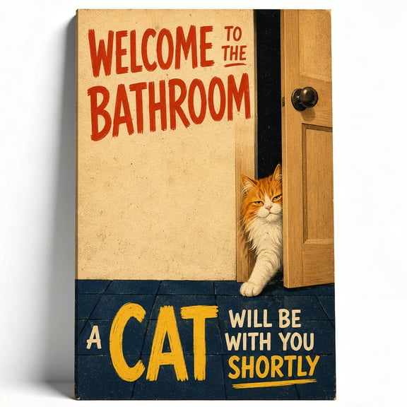 Welcome To The Bathroom A Cat Will Be With You Shortly Framed Canvas Wall Art - Funny Orange Cat Print, Whimsical Bathroom Decor, Cute Pet Artwork For Home, Powder Room, Living Room, Bedroom 8*12inch