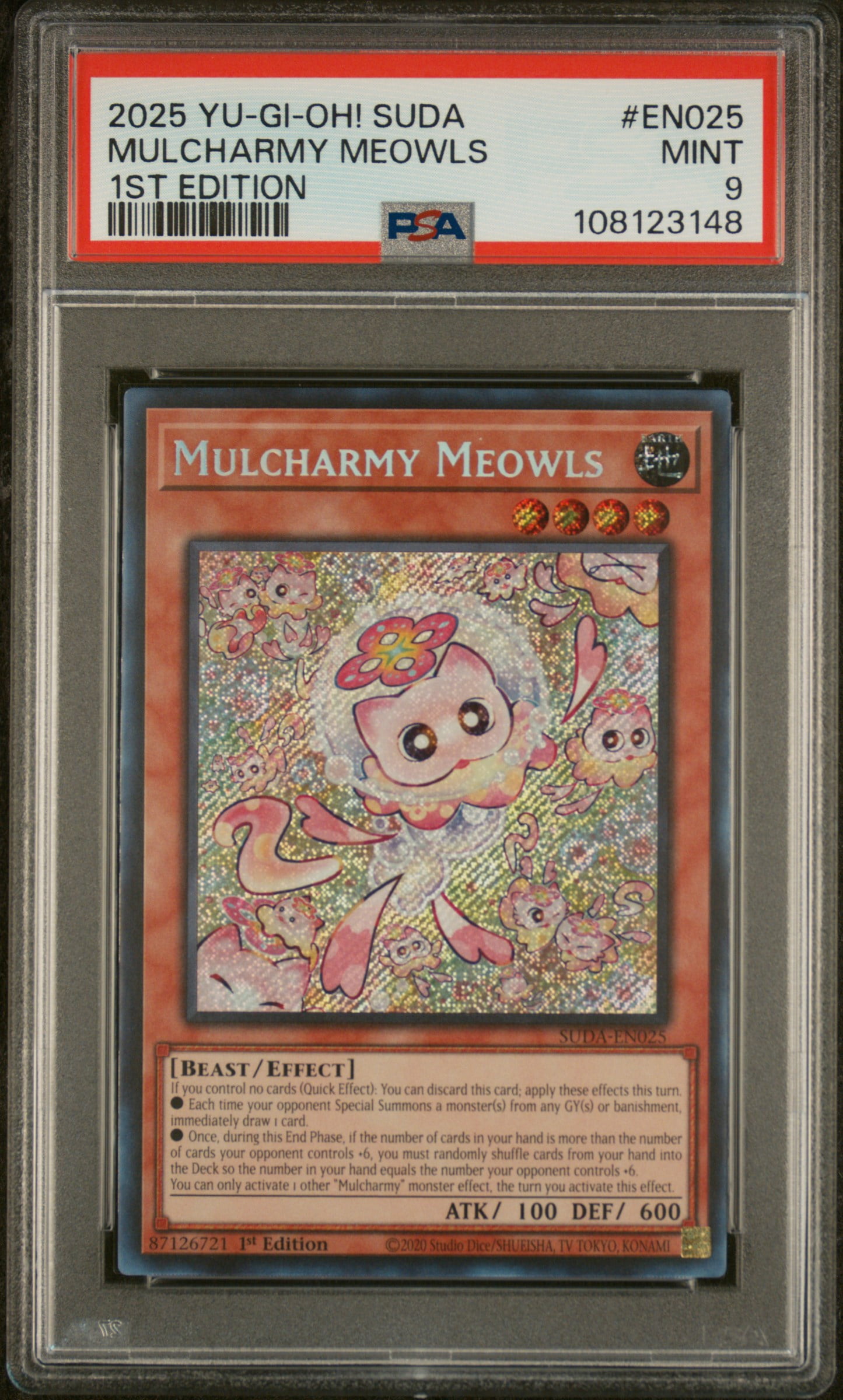 Yu Gi Oh! TCG, PSA Graded 9 MINT, Mulcharmy Meowls Mulcharmy Meowls #EN025, Suda Supreme Darkness, Fully Encapsulated Bundle with Compatible Yu Gi Oh! Hard Sealed Case