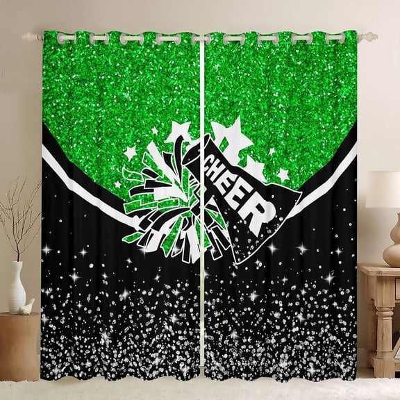 Manfei Cheerleading Cheer Team Black Out Curtains for Children Kids Teens,Black Green Curtains Pack of 2 (42x63 Each),Bling Crystal Glitter Bedroom Curtains,Microfiber Bedroom Decor