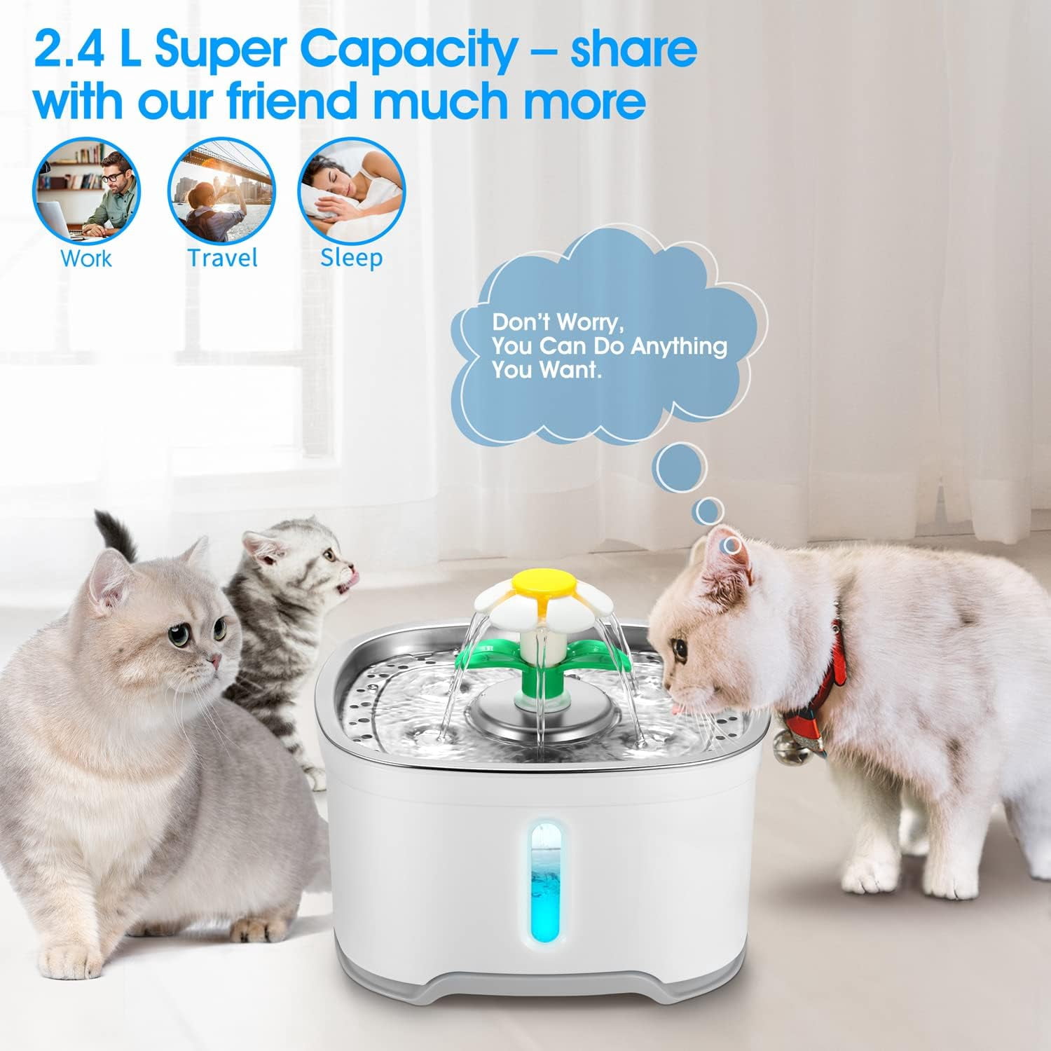 Stainless Steel Pet Water Fountain with Adapter, 84oz/2.5L Automatic Cat Water Fountain Dog Water Dispenser for Cats, Dogs, Birds, Multiple Pets (Gray)