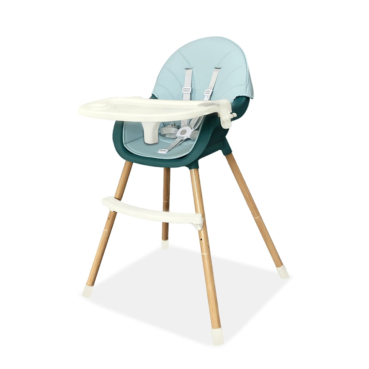 Wooden Highchair w/Double Removable Tray Adjustable Legs Kinder King 3 in 1 Convertible Baby High Chair Black Infant Feeding Chair-Toddler Chair 5-Point Harness Detachable Footrest & PU Cushion 