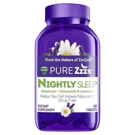Vicks PURE Zzzs Nightly Sleep Melatonin Sleep Aid tablets with Chamomile, Lavender, & Valerian Root, 1mg per tablet, 60