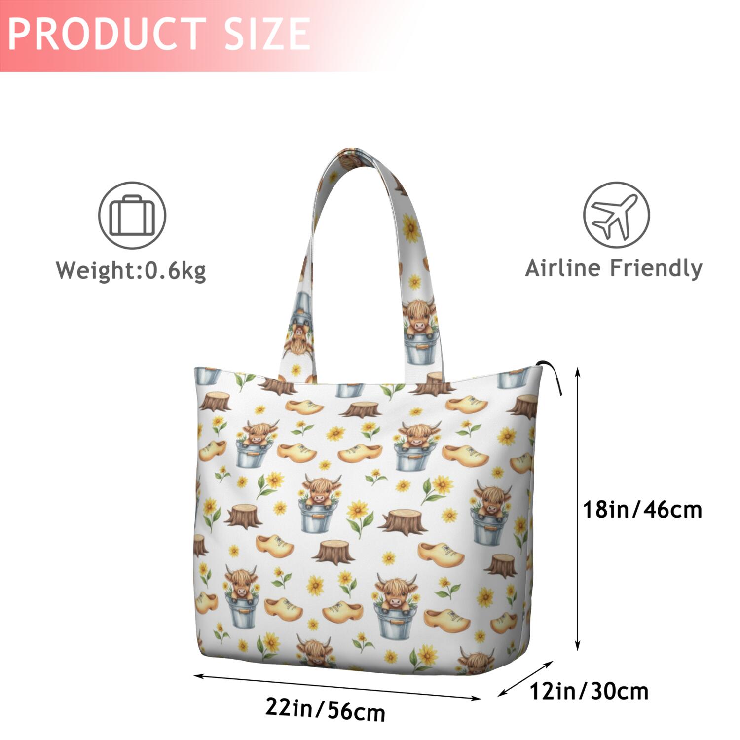 Highland Cow Bucket Flower Shoe Pattern Travel Tote Bags for Women Carry On,Large Weekender Bags for Women Travel,Multi Functional Duffle Bag for Work,Shopping,Sports