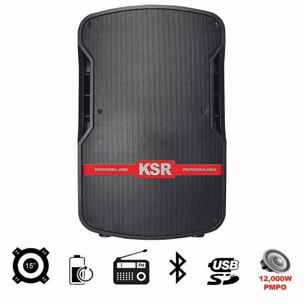 BAFLE KSR 15 Kaiser Color Negro Rojo Batería recargable Conexión Bluetooth Incluye Stand Incluye un micrófono Incluye Control Remoto Potencia de salida RMS 100 W Radio FM Ranura para tarjetas SD Puerto USB Entradas para micrófono