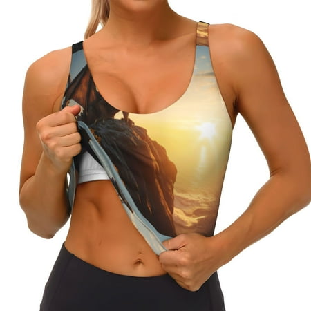 Qokaie Seaside Sunset Cool Dragon Pattern Womens Scoop Neck Sports Bra Breathable Workout Vest Padded U Back Medium Impact Fitness Gym Yoga Bra Workout Crop Top
