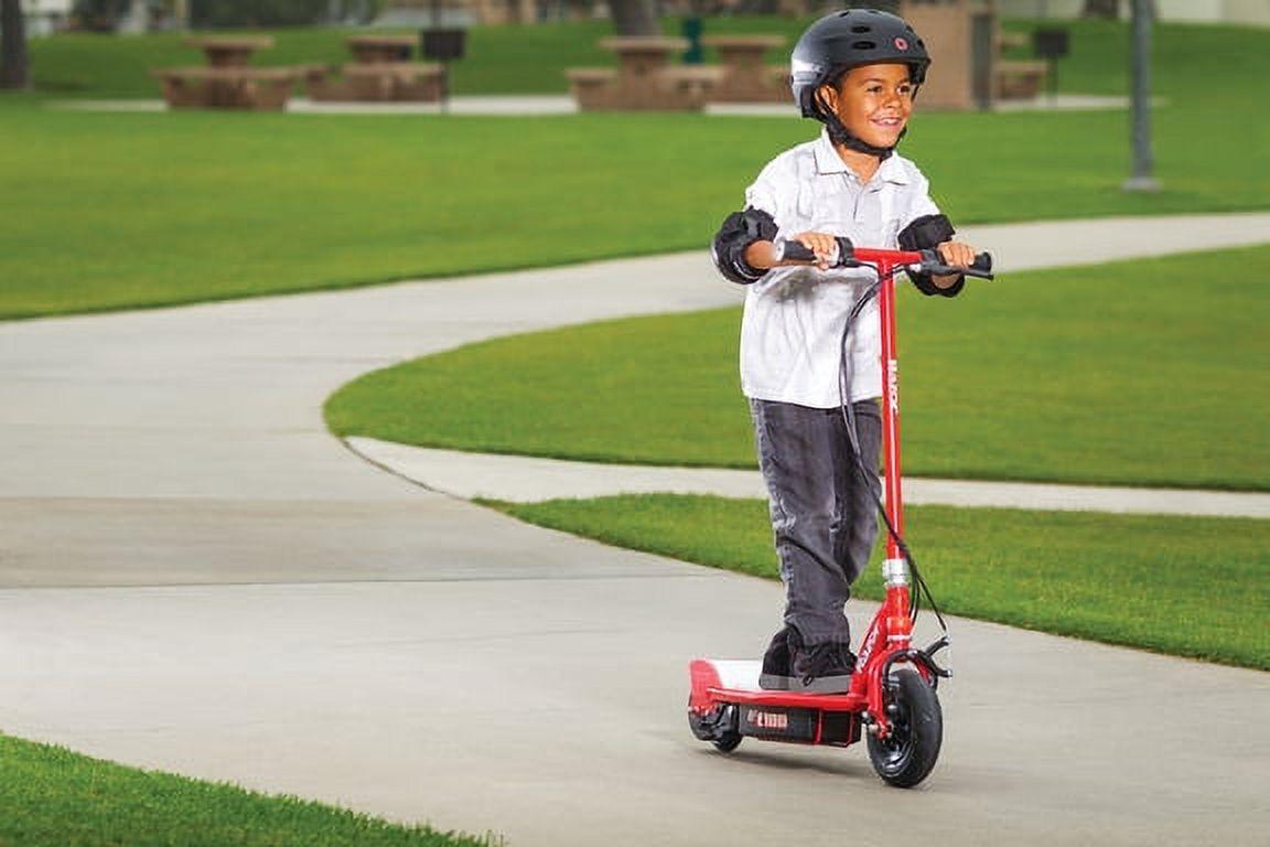 Razor E100 Electric Scooter - Red, for Kids Ages 8+ and up to 120 lbs, 8" Pneumatic Front Tire, 100W Chain Motor, Up to 10 mph & Up to 40 mins of Ride Time, 24V Sealed Lead-Acid Battery - image 4 of 8