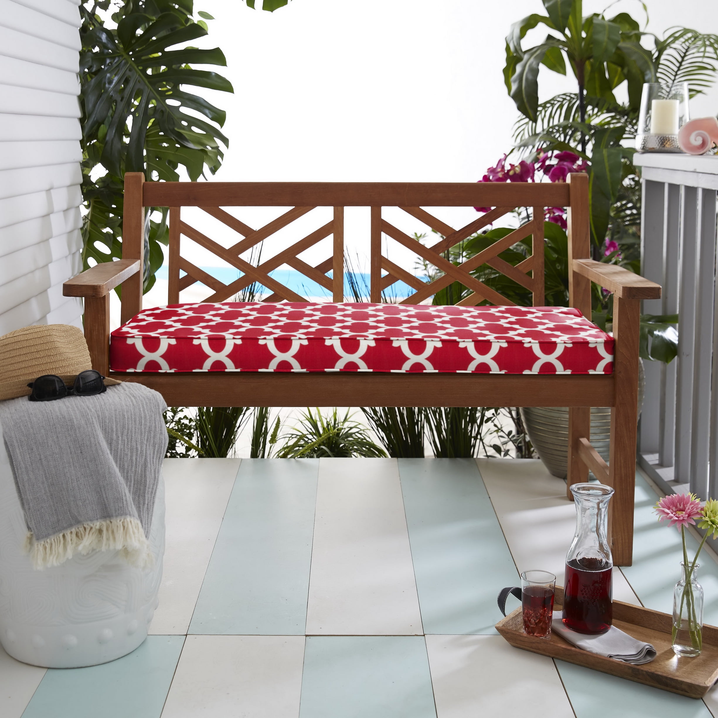 Scalloped Red Corded Bench Cushion for Indoor/Outdoor Seating