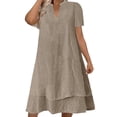 thumbnail image 2 of Plus Size Casual Dress Ndbuld Women's Summer Solid Color Short-Sleeve V-Neck A-Line Mid-Waist Dress Khaki M, 2 of 7