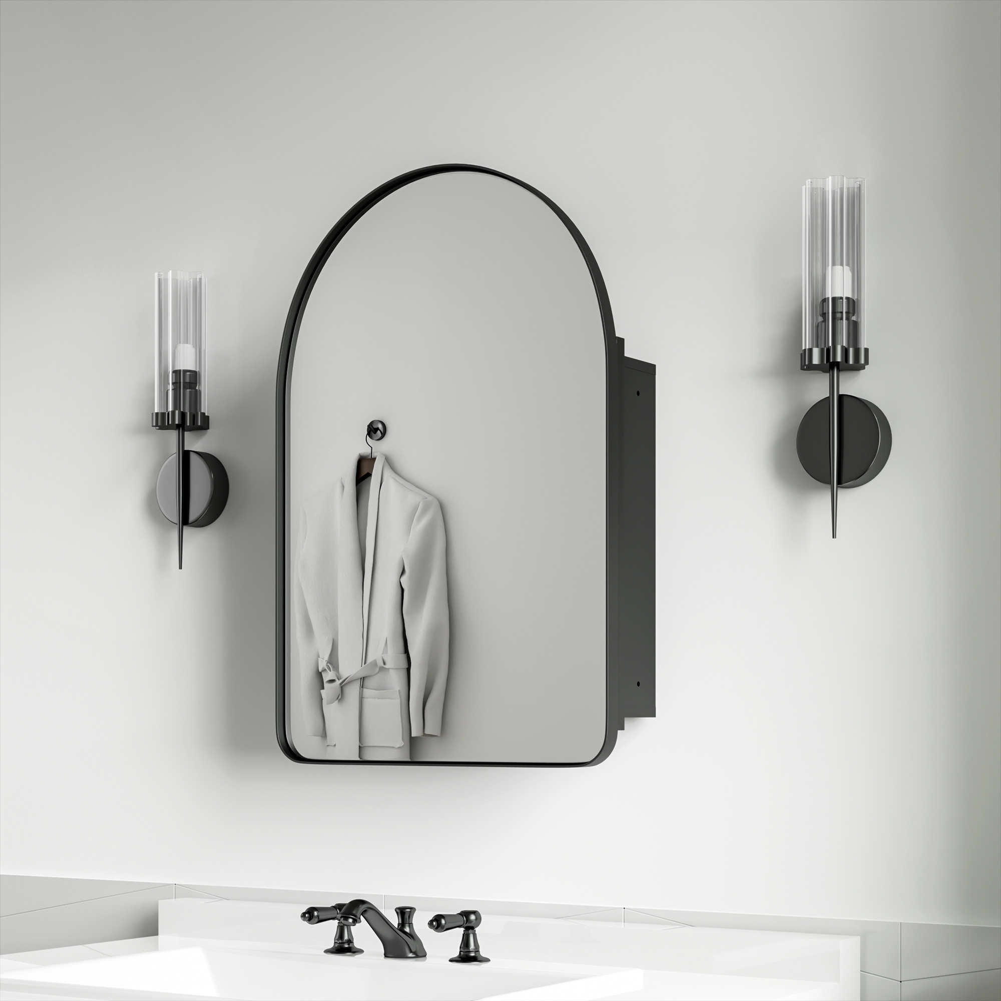 MAYEERTY 24"x16" Iron Arched Bathroom Mirror Cabinet, Black