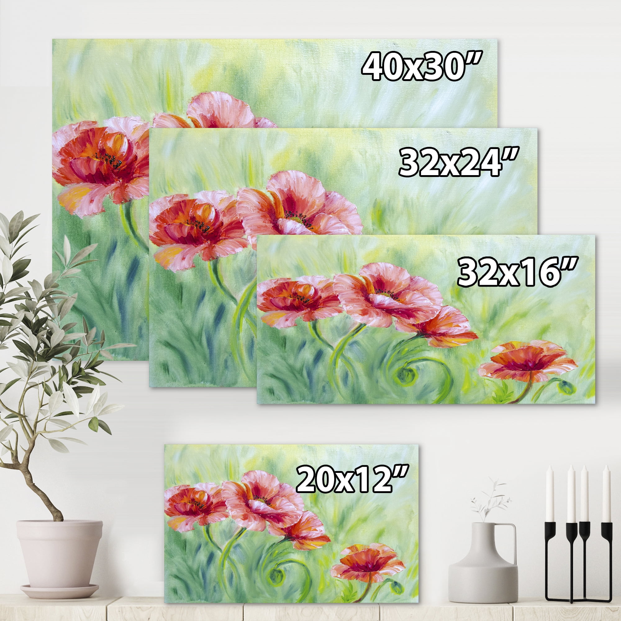 Designart ' Red Blossoming Poppies Over Wild Green II ' Traditional Canvas Wall Art Print