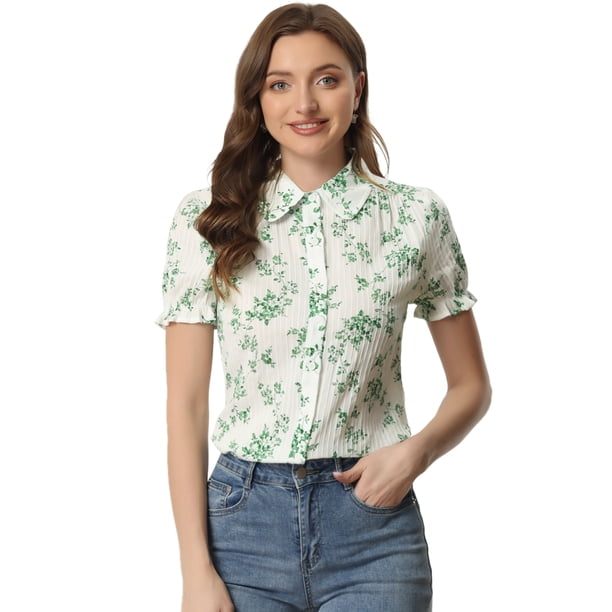 Camisa de algodón con volantes en la parte superior y cuello vuelto para mujer Verde XL