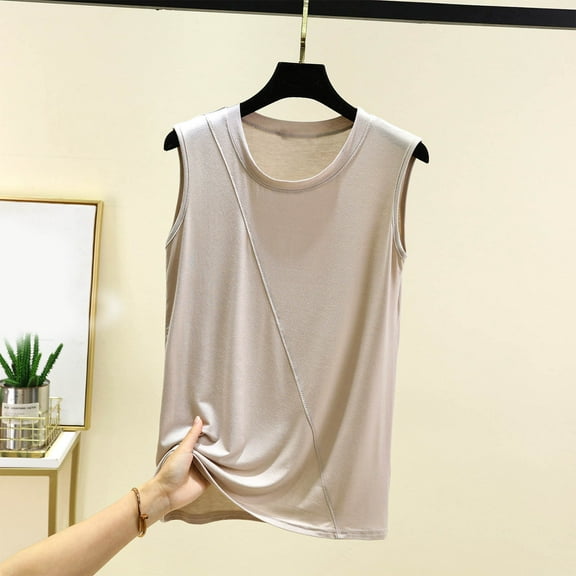 Munlar Muscle Tank Tops for Women Beige Holiday 2025 Loose Round Neck Sleeveless Solid Tees L