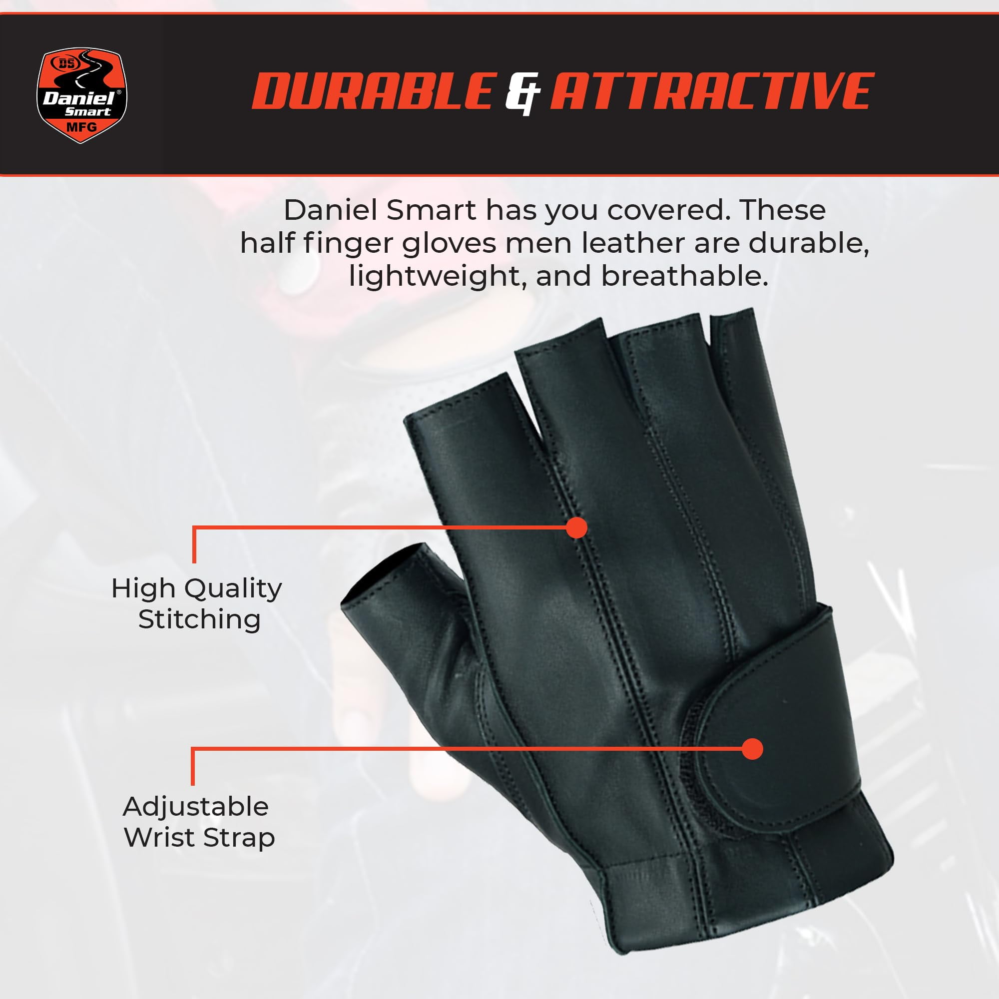 Daniel Smart Deerskin Leather Gloves – Fingerless Men Motorcycle Gloves with Gel Palm and Wrist Strap