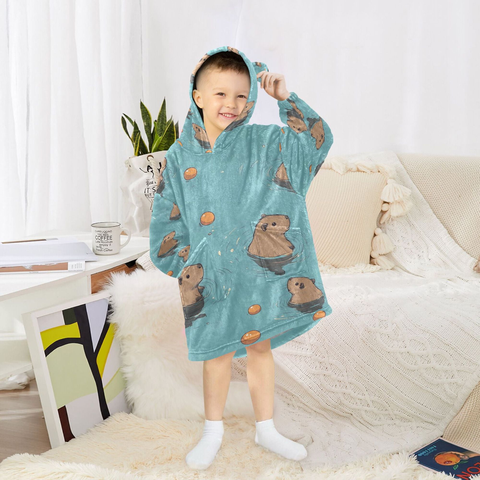 FORMRS Wearable Blanket Hoodie with Sleeves for Kids Cozy Flannel Sweatshirt, Cartoon Capybaras
