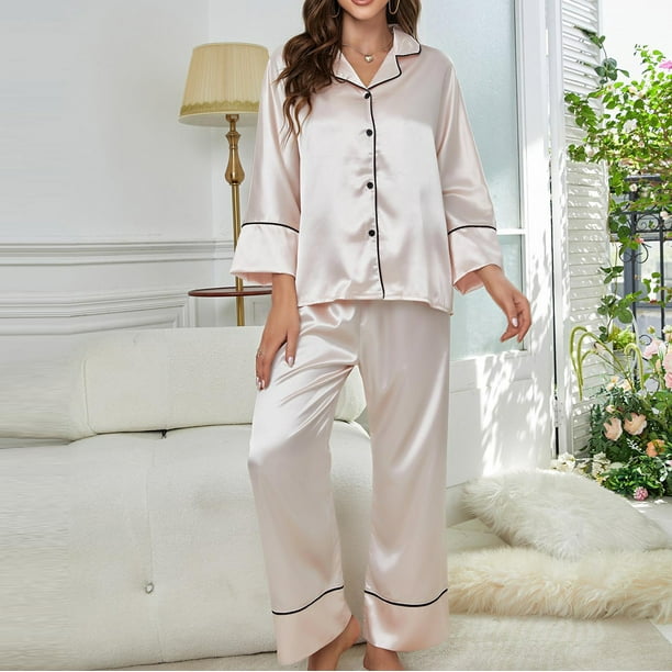Womens Silk Satin Pajama Set 2 Piece Pajamas Long Sleeve Button Down Shirt  and Pants Sets Loungewear Sleepwear Pjs