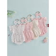 thumbnail image 3 of BemeyourBBs Newborn Baby Girl Summer Clothes Smocked Bubble Romper Cotton Linen Outfits Cherry Floral Print Crew Neck Flying Sleeve Bodysuit and Bow Headband 2 Pcs Set, 3 of 9