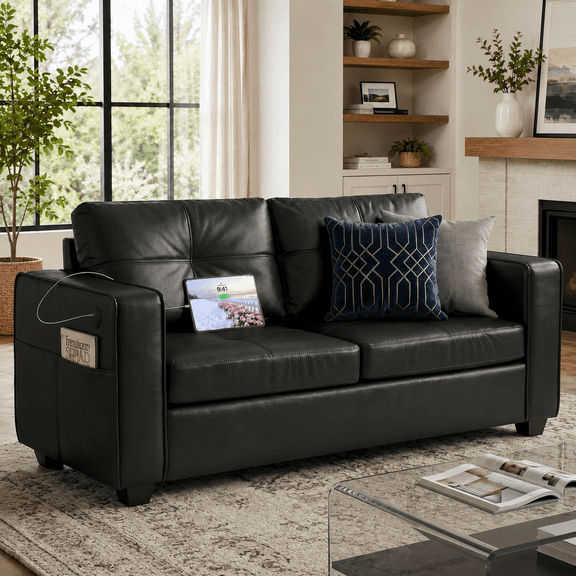 LAZZO 65" Loveseat Sofa, 2-Seater Tufted Faux Leather Couch with Charging Ports for Living Room and Office, Black
