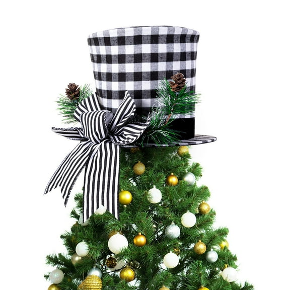 Christmas Tree Topper Hat, Xmas Tree Topper, Top Hat with Large Bow for Christmas Tree Decorations Desktop Ornaments Winter Holiday Party Home Decor