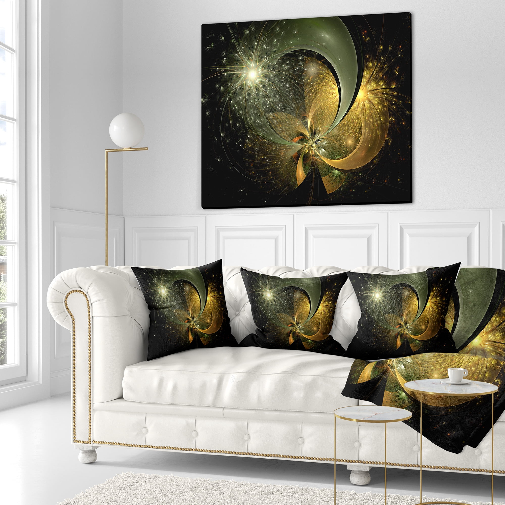 Designart Golden Fractal Flower with Silver Star - Floral Throw Pillow - 16x16