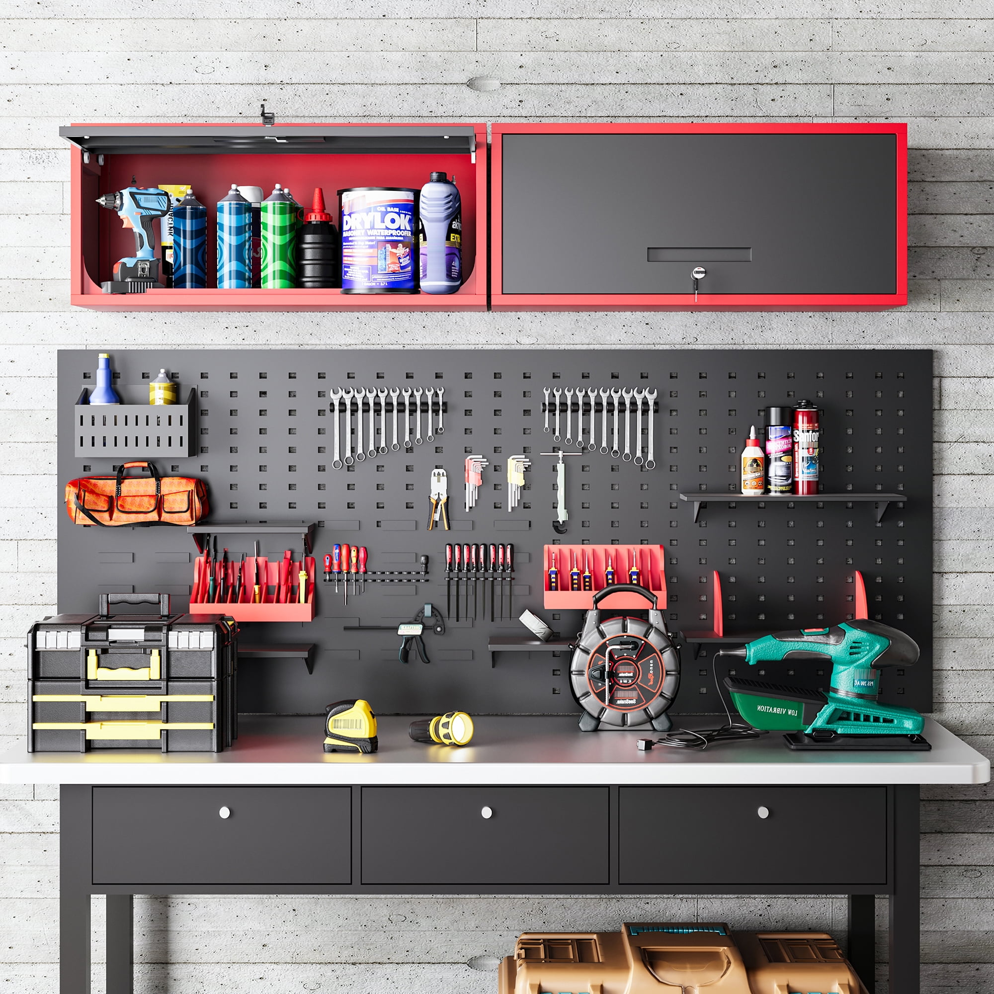 AUHUP Steel Wall Cabinet, Metal Wall Mounted Storage Cabinet Organizer for Garage, Office, Kitchen, Red Black, 32"W x 14"H x 13"D