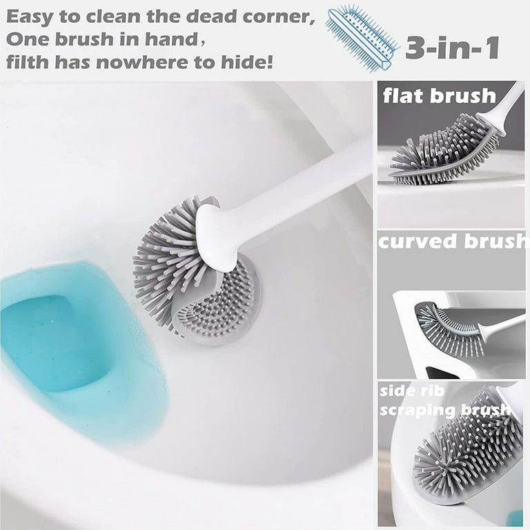Toilet Bowl Brush and Holder, 2-in-1 Head of Silicone and Nylon Bristles,  White Flat Toilet Scrubber for Bathroom, Wall Mounted or Standing