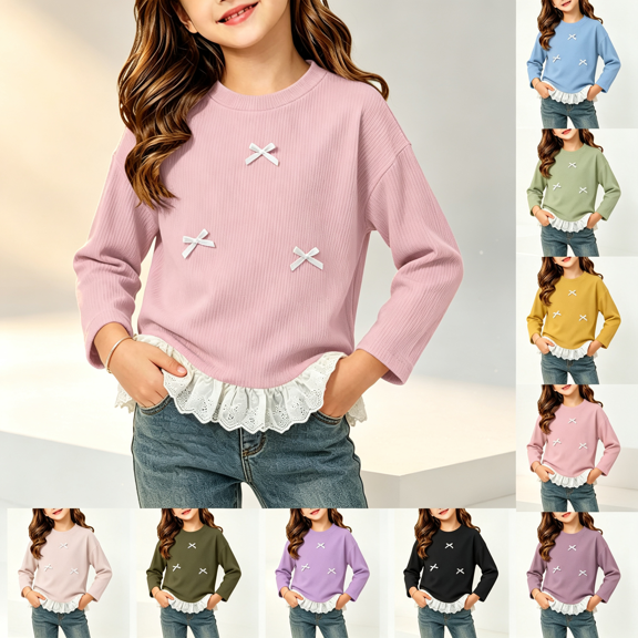 NEBWOAK Girls Drop Shoulder Long Sleeve Top Casual Stretchy Rib Knit Bow Pullover Shirt with Ruffle Lace Hem,Size 3-4T