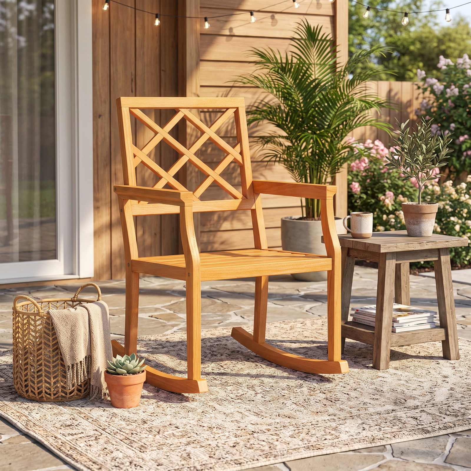 Furnibear Outdoor Rocking Chair Solid Teak Wood for Patio Porch Poolside Brown 400 lbs Capacity Weather-Resistant Outdoor Furniture