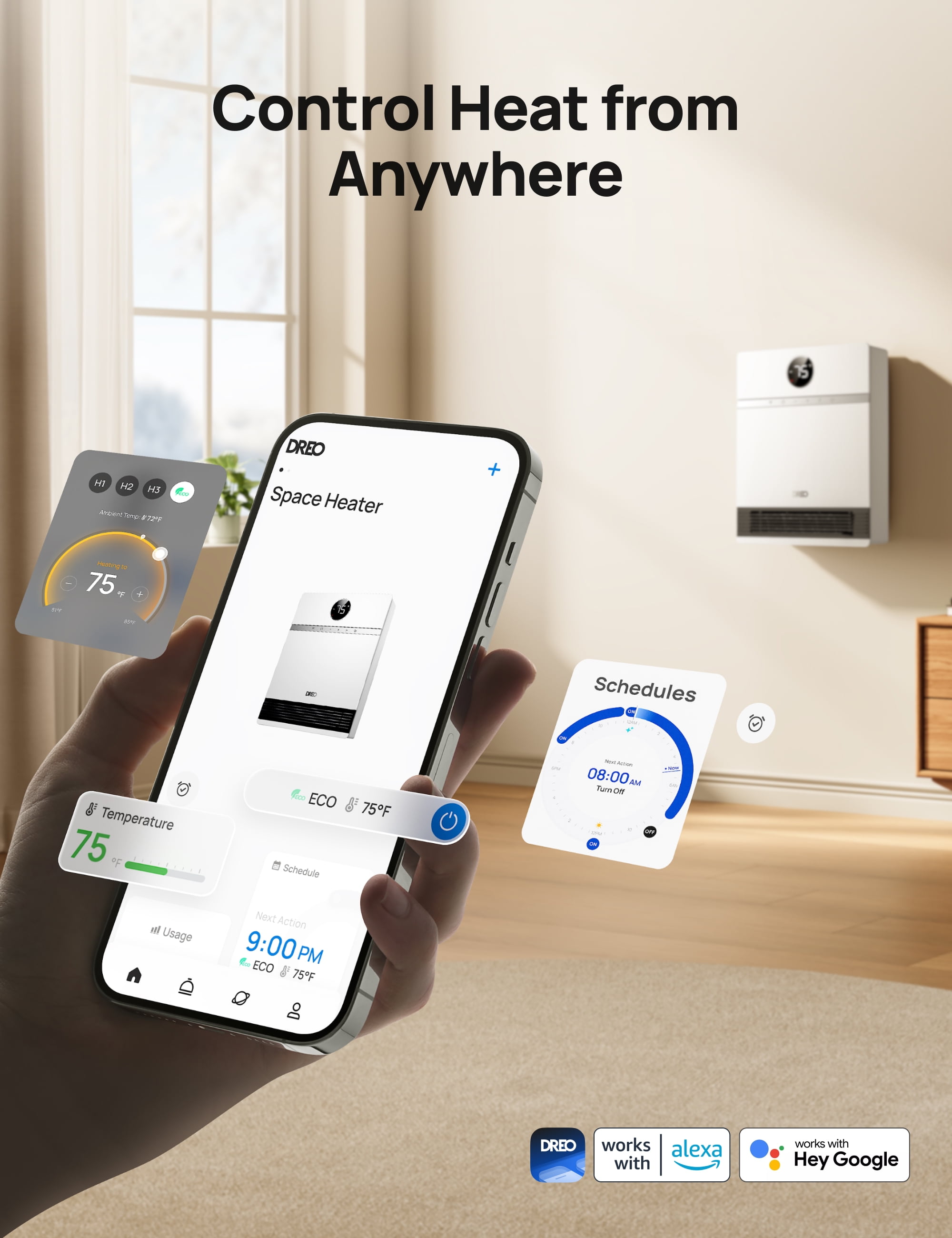 DREO Smart Wall Heater, IP24 Electric PTC Space for Indoor Use, 30 Oscillation, Adjustable Thermostat, Remote Control, Works with Alexa, 24H Timer, Easy-Mounted for Bedroom, Office