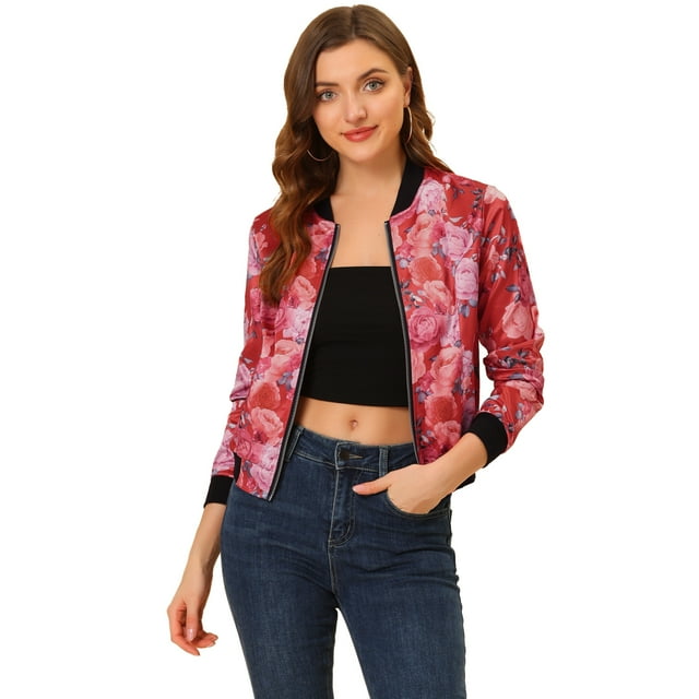 INSPIRE CHIC Blouson Bomber à Imprimés Floraux pour Femmes à Col Montant, Fermeture Éclair, Rouge, m