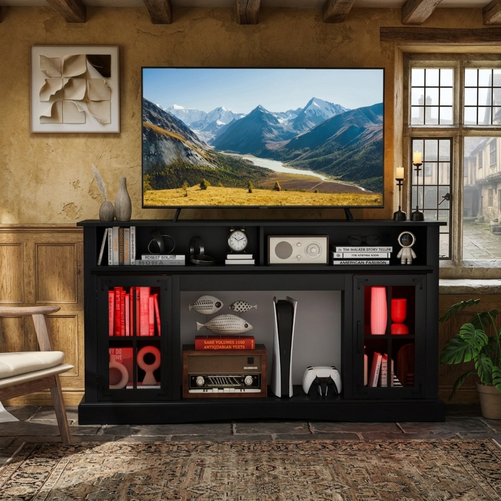 Furnibear 58 Inch TV Stand Entertainment Center with LED Lights and Remote Control Adjustable Shelf and Storage for Living Room, Black
