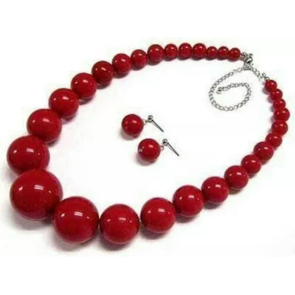 K-KED Beautiful Natural 6-14mm Red Coral Round Gems Beads Necklace Earrings 18" Set