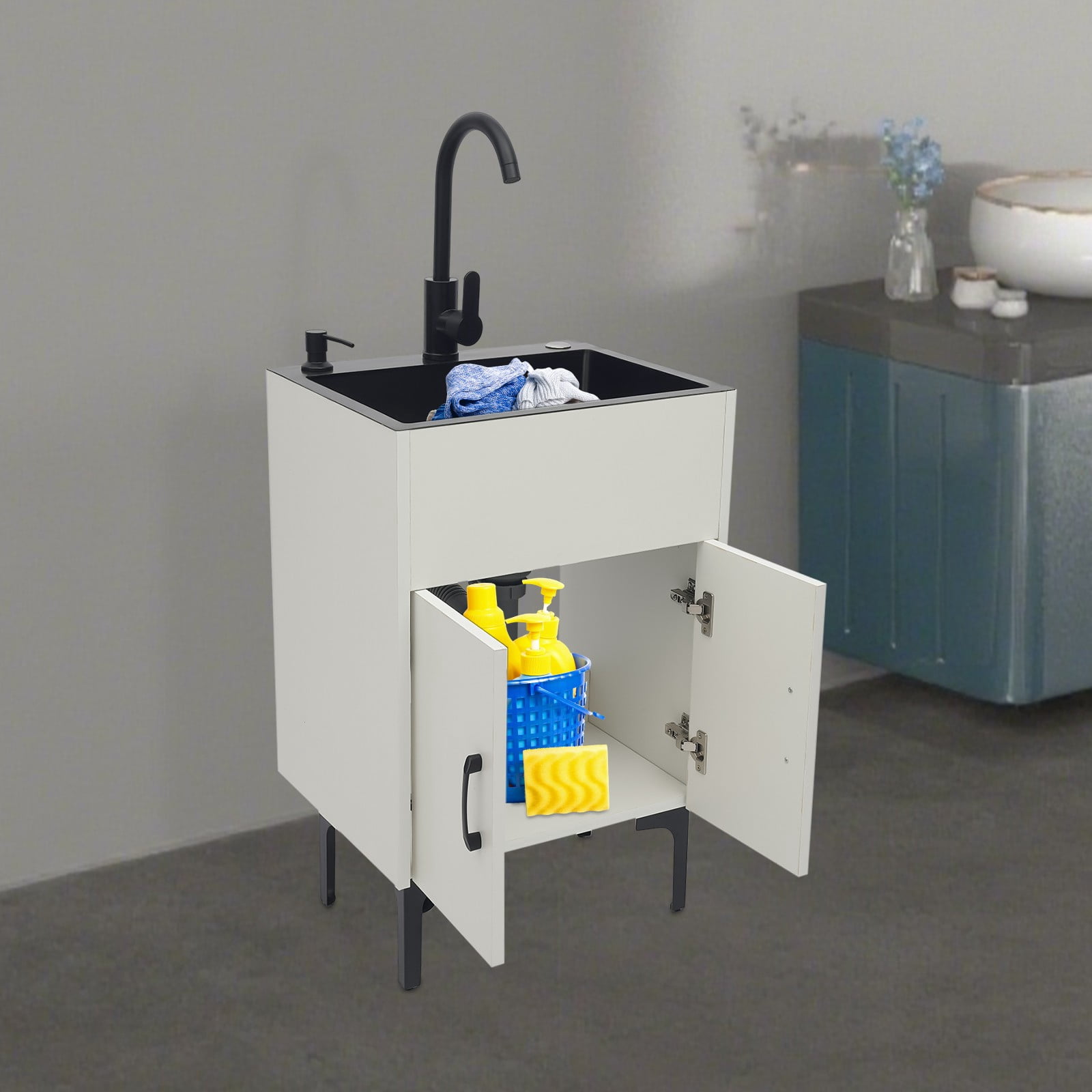 Freestanding Bathroom Sink Cabinet, 201 Stainless Steel, Solid Wood Construction, Nano Coating, Welding, Polishing Process, Perfect for Hotels, Restaurants, and Kindergartens