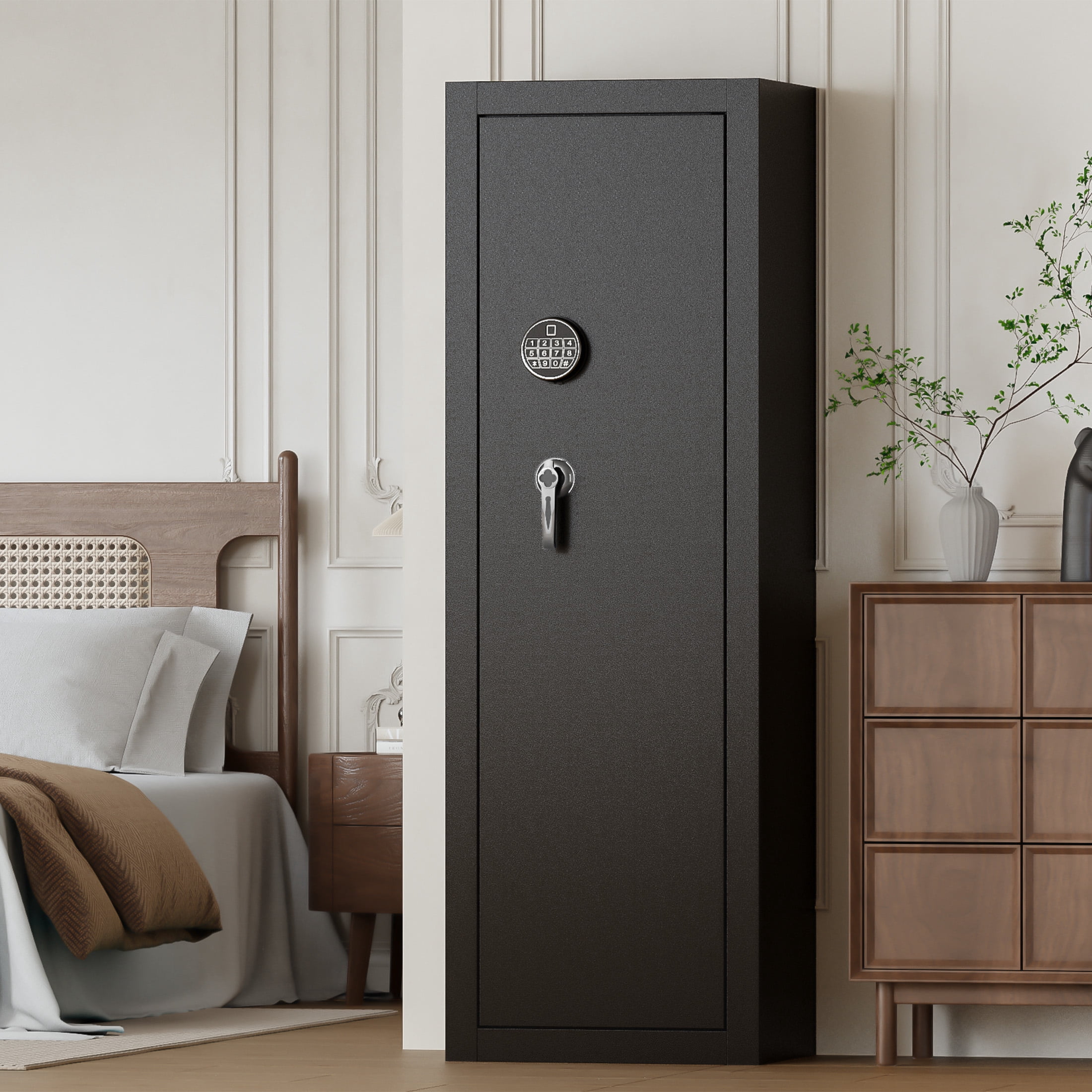 Sapital gun safe, biometric rifle and shotgun safe, heavy-duty assembled gun cabinet with adjustable storage compartments, suitable for bedrooms, living rooms, and wardrobes (black).