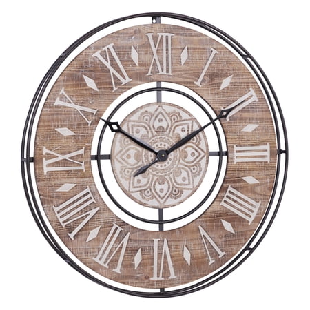 DecMode 34 Brown Metal Floral Wall Clock with Wood Accents