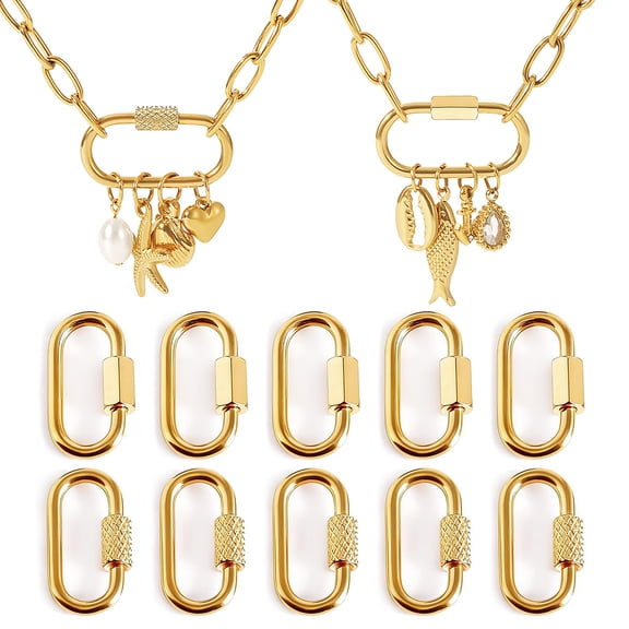 Stainless Steel Screw Carabiner Lock Charms, 18K Gold Plated, 10 Pieces, DIY Jewelry Making Connectors, 0.83 x 0.43 Inch, Necklace Charm Holder Clasps