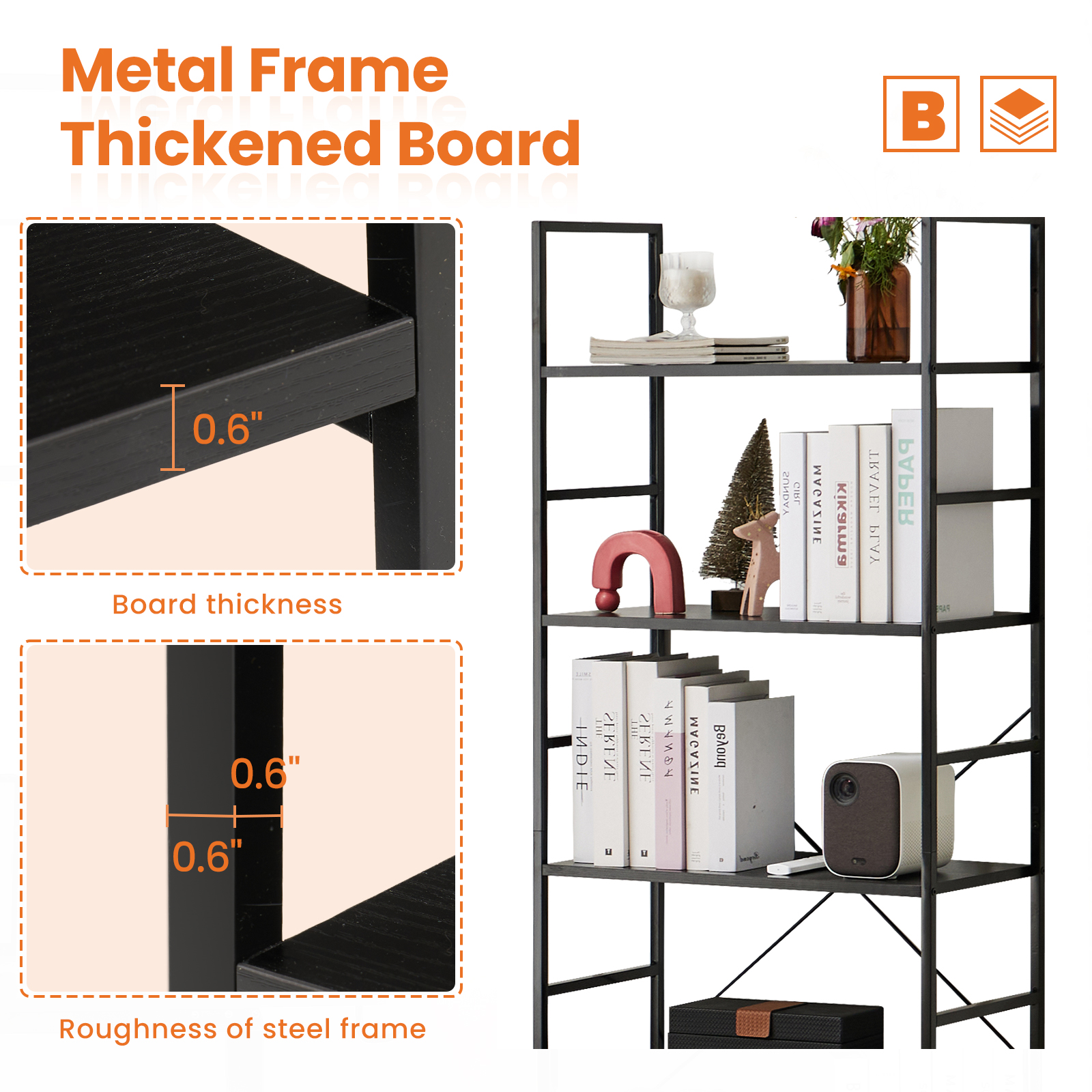 Aukfa 5 Tier Bookcase, Tall Bookshelf Storage Organizer for Home Office, Wood & Metal, Black