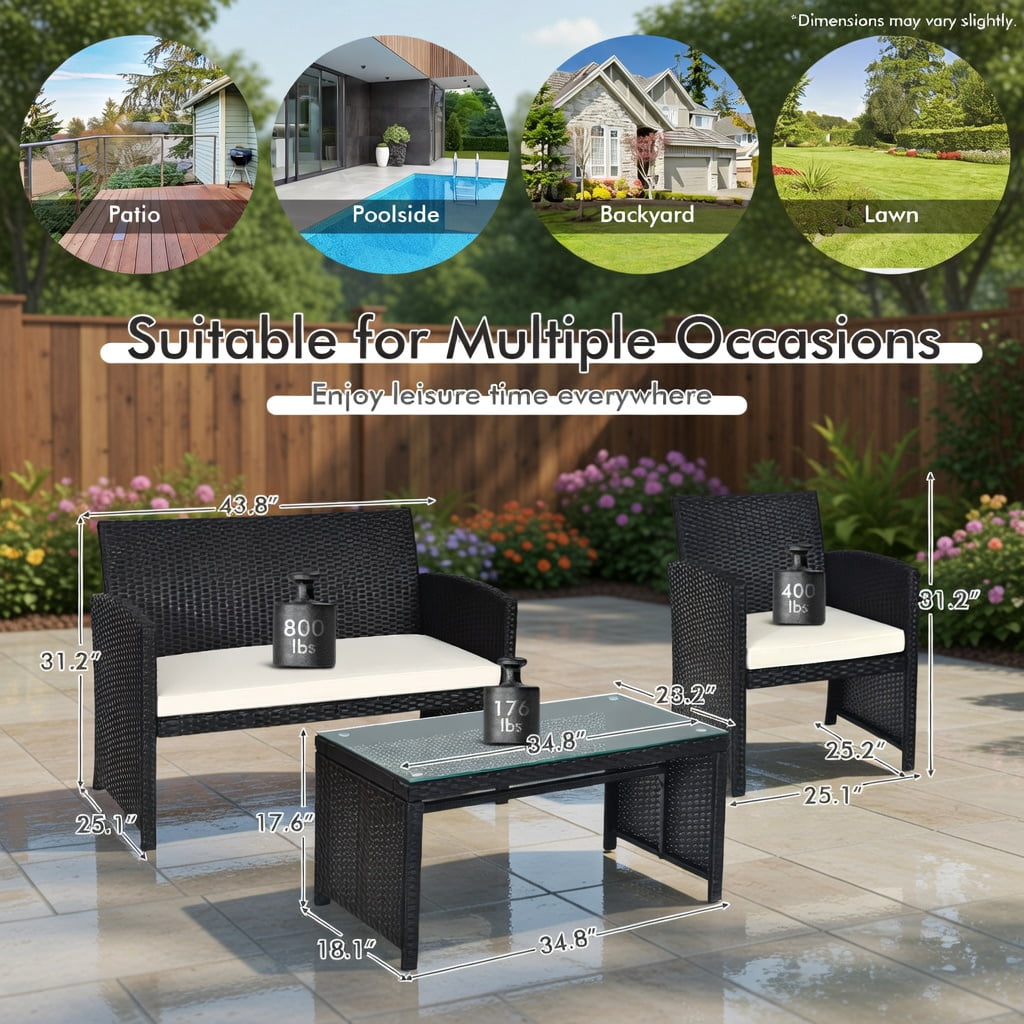 Hommoo 4-Piece All-Weather Wicker Patio Furniture Set, PE Rattan Loveseat & Single Sofas with Tempered Glass Coffee Table and Removable Cushions, White