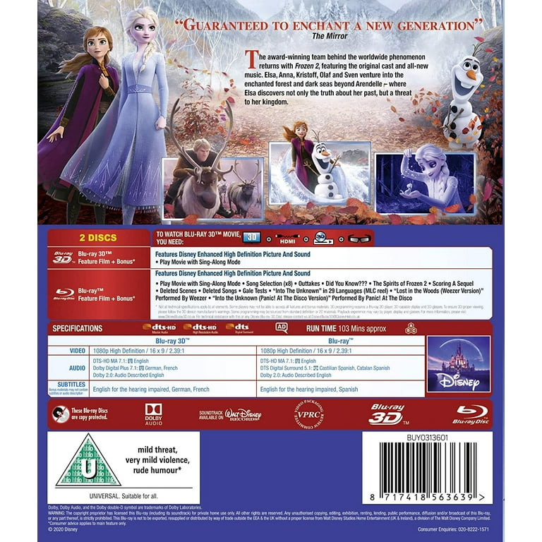 Frozen 2 3D Blu-ray 2019 Region Free 