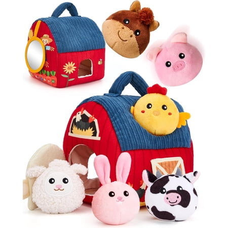 HTOY Baby Toys 6-12 Months - Surprise Barn Stuffed Farm Animals, Rattle, Crinkle, Mirror, Montessori Toys for 6 Month Old Sensory Balls 1-3, Baby Boy Gifts, Farm Plush Toys for Babies Travel Toy