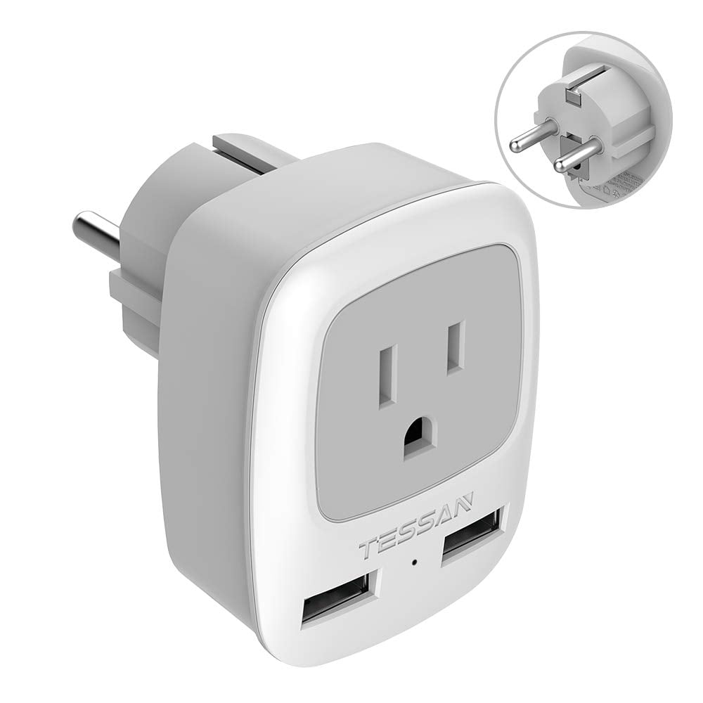 European Plug Adapter 2 Pack TESSAN 3 in 1 Travel Power Outlet with Dual USB ... 