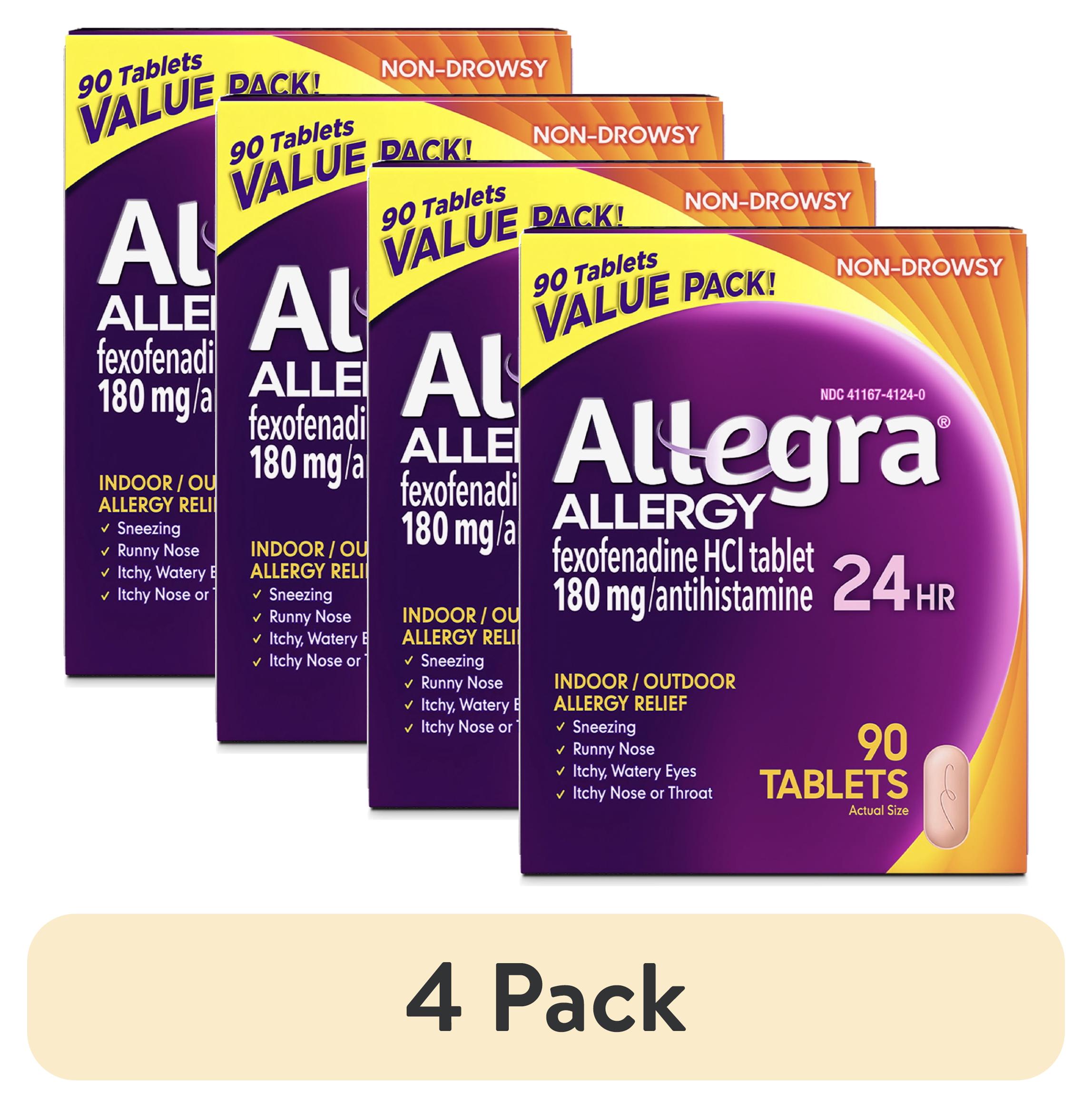 (4 pack) Allegra Adult 24-Hour Allergy Relief Tablets, Non-Drowsy Indoor and Outdoor Allergy Medicine, 180 mg Fexofenadine HCI Antihistamine Pill, 90-Count