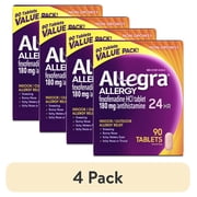 (4 pack) Allegra Adult 24-Hour Allergy Relief Tablets, Non-Drowsy Indoor and Outdoor Allergy Medicine, 180 mg Fexofenadine HCI Antihistamine Pill, 90-Count