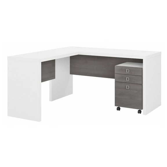 Echo L Shaped Desk with Mobile File Cabinet in White & Gray - Engineered Wood