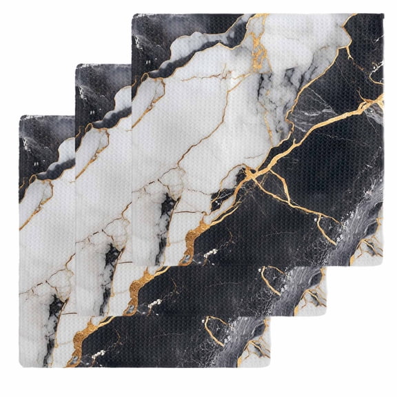 Marble Black Kitchen Dish Towels for Drying Dishes Set of 3, Abstract Gold White Brick Stone Motif Waffle Weave Microfiber Hand Tea Bathroom Towels Quick Dry & Absorbent Towel 12x12