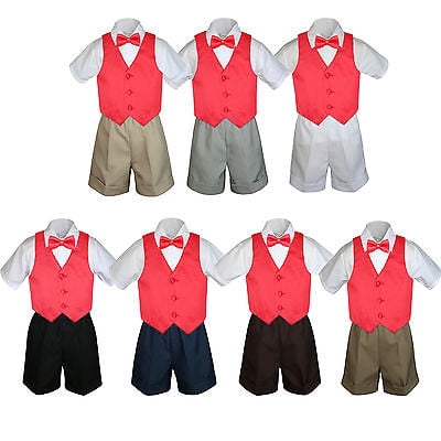 

4pc Set Boy Toddler Formal Red Vest and Bow tie White Black Khaki Shorts S-4T