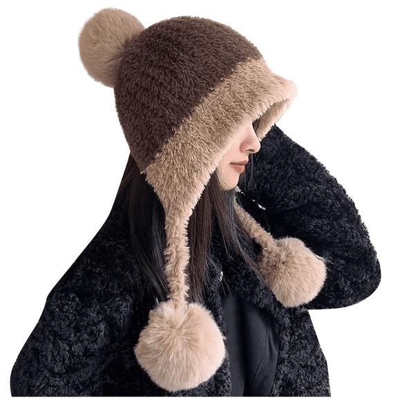 Aricy Women Winter Warm Knit Hats for Women with Ear-Flaps Pom-Pom Strap Beanies Fleece Sherpa Thermal Warm Color Block Ski Snow Wool Knitted Cap Hat