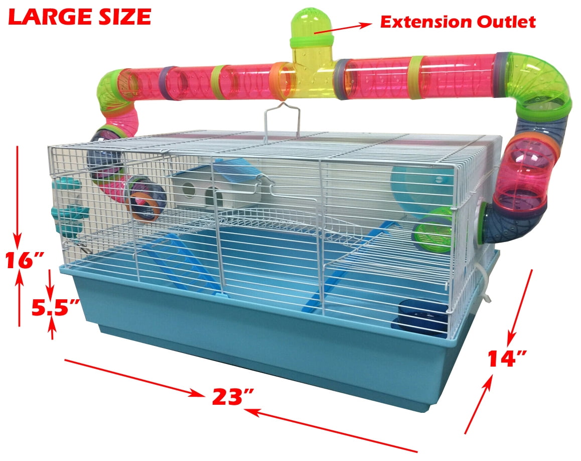 PINK LARGE 3-Tiers Hamster Habitat Mouse Home Gerbil Cage With Long Crossover Entrance Tube Tunnel Expansion Outlet 5.5" Deep Base For Rodent Rat Mice